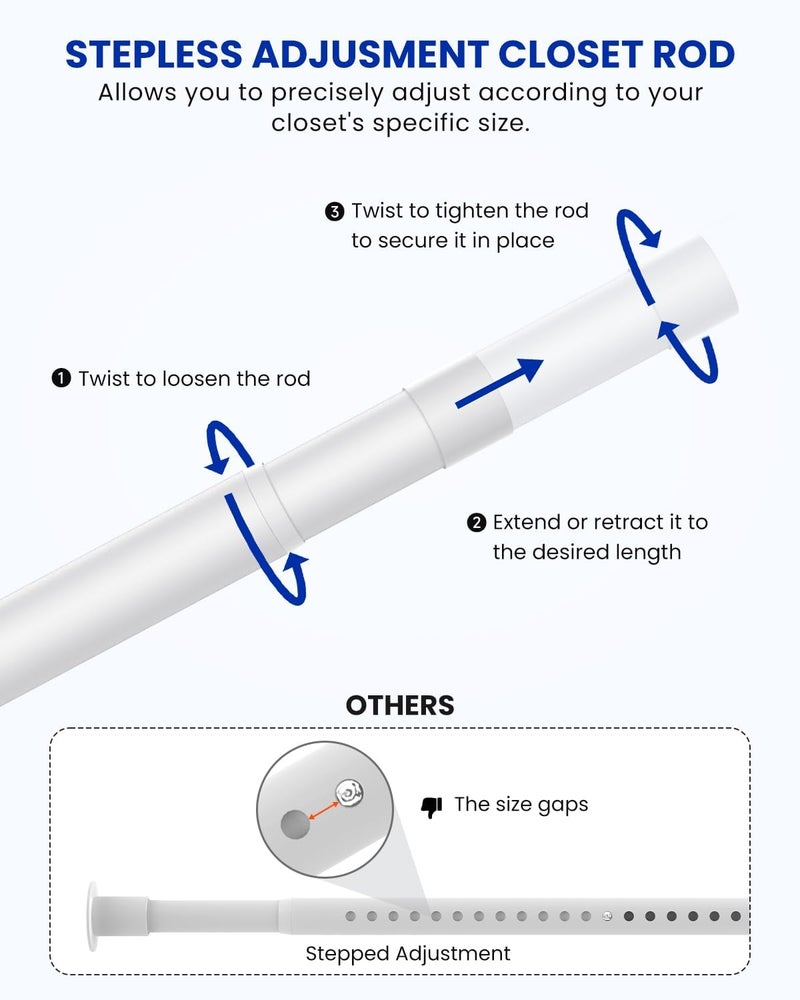 Supforce Closet Rods for Hanging Clothes, 17 to 159 Inches Stepless Adjustable Metal Closet Rod, 1.3 Inches Heavy Duty Clothes Hanging Rod for Closet Wardrobes Laundry RV, White - Image 2